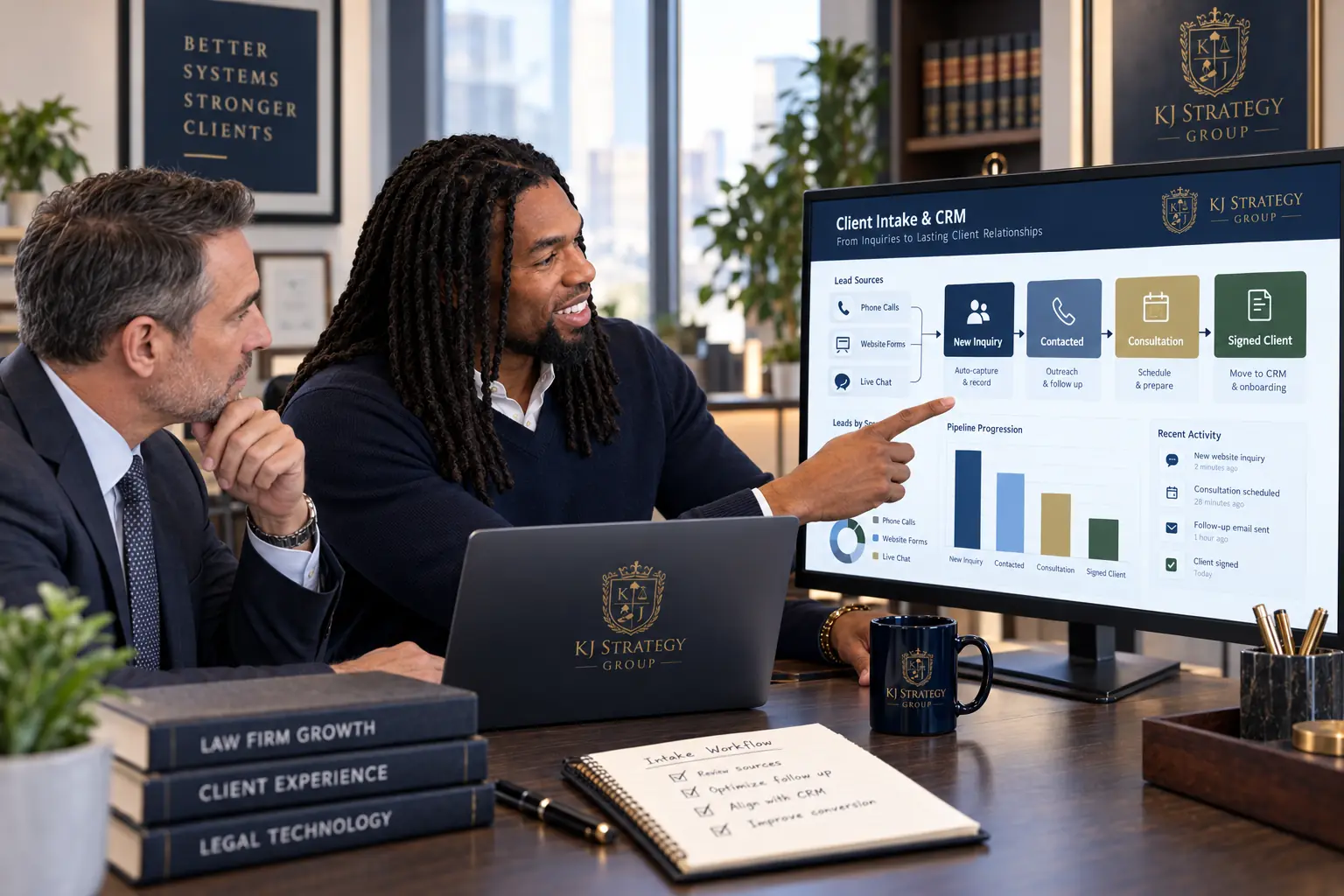 Kelon Jones reviewing a connected law firm CRM and client intake pipeline with a law firm leader