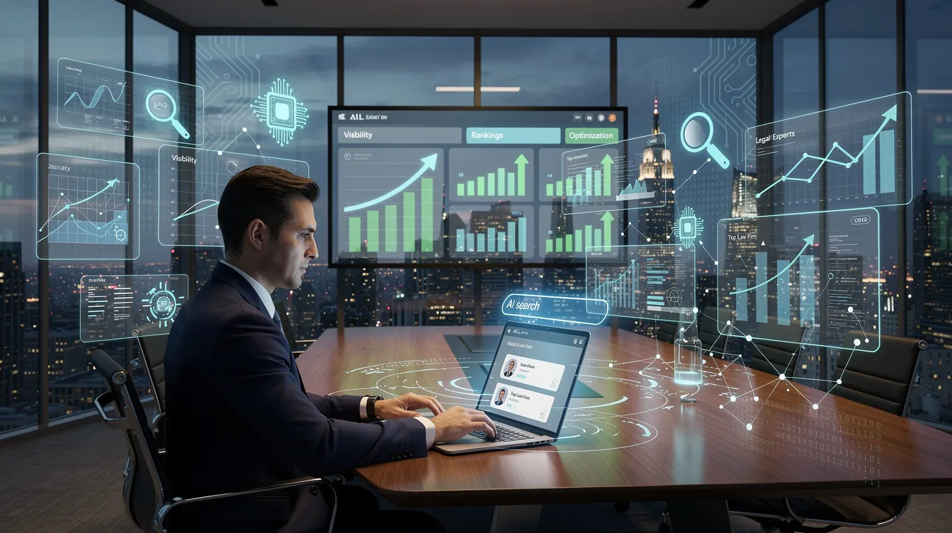 The image features a visually appealing guide titled "Law Firm ChatGPT: How to Get Your Firm to Show Up on AI Search Optimization," emphasizing the importance of visibility and access for lawyers in the digital landscape. It suggests a detailed analysis of generative AI and large language models to enhance search capabilities and improve client engagement.