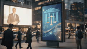 The image depicts a vibrant cityscape featuring a digital billboard prominently displaying a law firm's advertisement. The scene captures the essence of modern legal marketing, showcasing the integration of technology in outdoor advertising, with cars and pedestrians passing by, symbolizing the reach and visibility of personal injury lawyers in attracting potential clients.