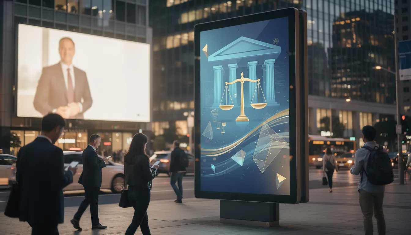 The image depicts a vibrant cityscape featuring a digital billboard prominently displaying a law firm's advertisement. The scene captures the essence of modern legal marketing, showcasing the integration of technology in outdoor advertising, with cars and pedestrians passing by, symbolizing the reach and visibility of personal injury lawyers in attracting potential clients.