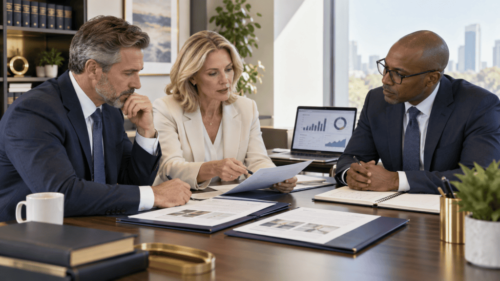 Law firm leaders comparing marketing agency proposals with a strategy advisor