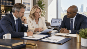 Law firm leaders comparing marketing agency proposals with a strategy advisor